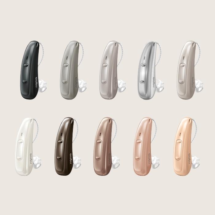 image of available AX hearing aid colors including brown, silver and black