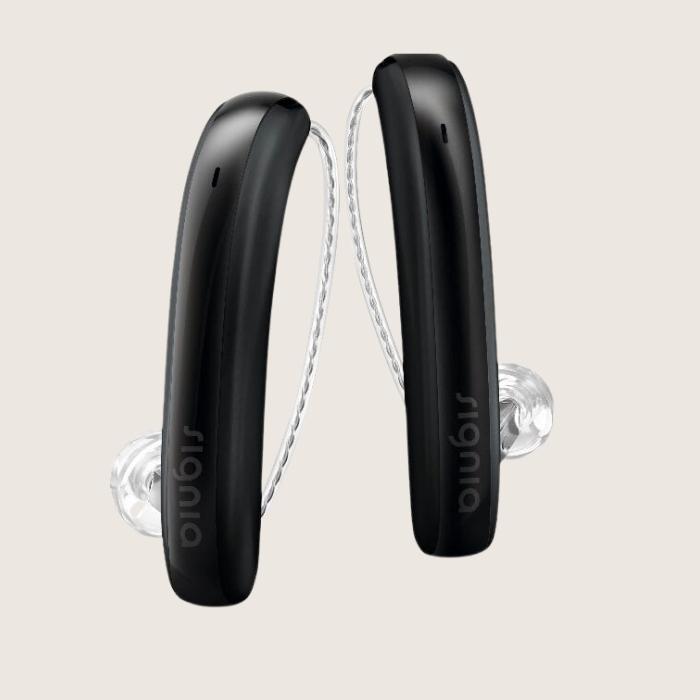 image of black pair of Signia Styletto hearing aids