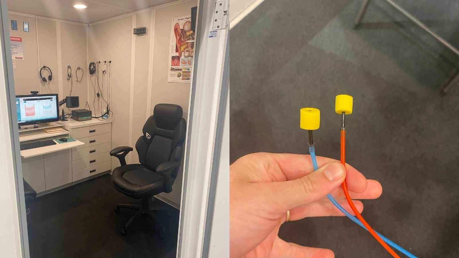 Image of the Costco hearing test booth and hearing test earbuds