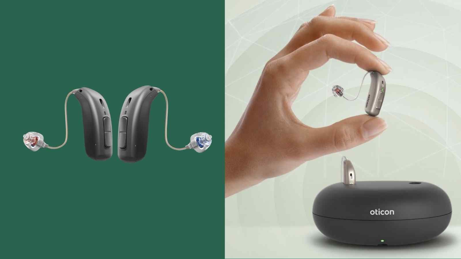Image showing Oticon More hearing aids in hand and in a charging case