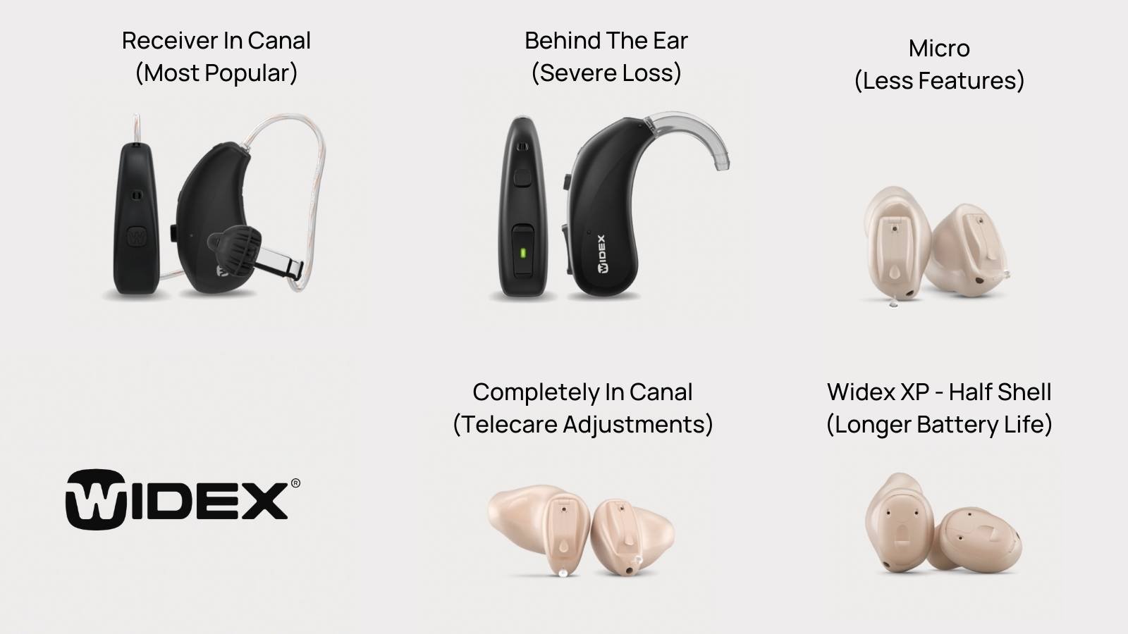 full lineup of Widex Moment hearing aid styles