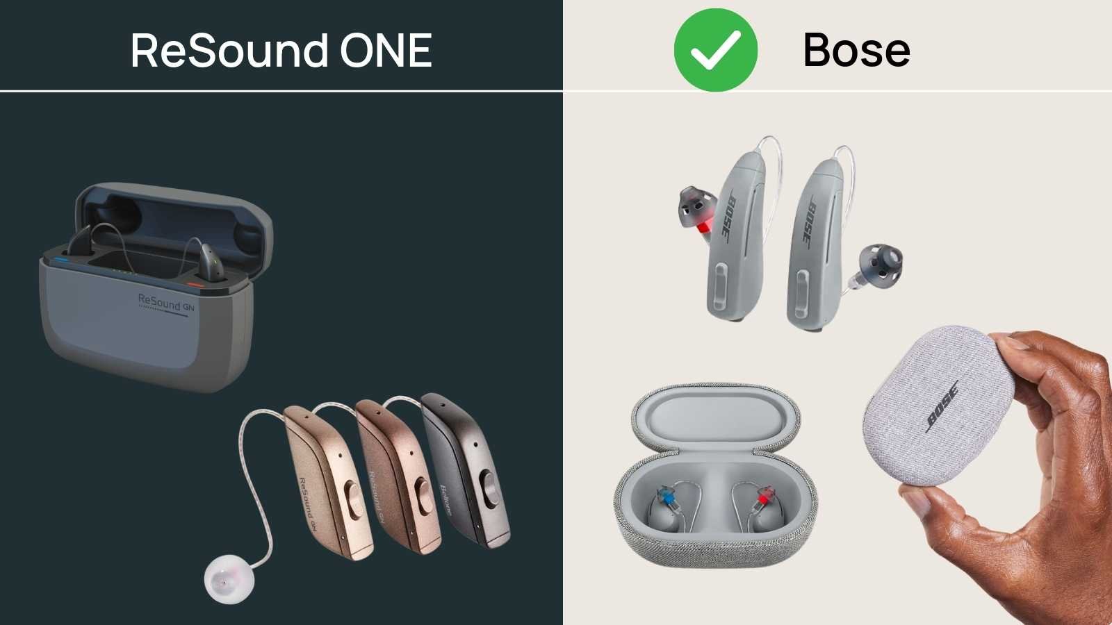 Image of Bose hearing aids side by side with ReSound ONE hearing aids