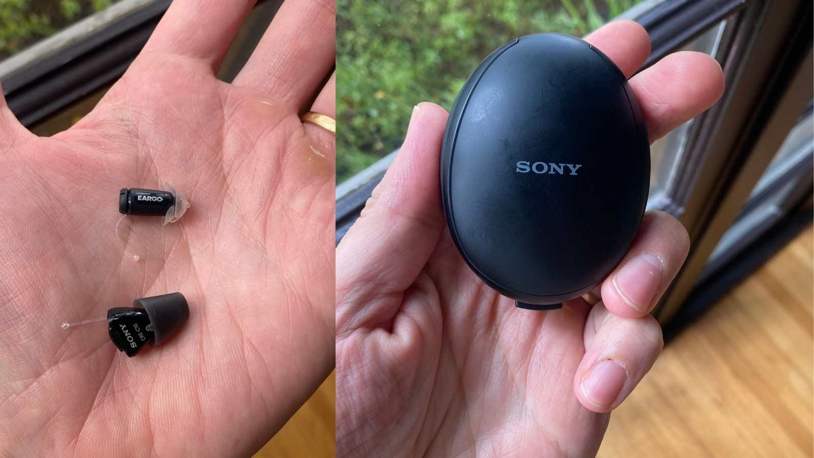 Sony CRE-C10 in hand next to Eargo hearing aid