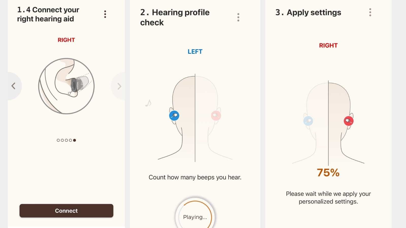 Screenshots of the Sony Hearing Control hearing test