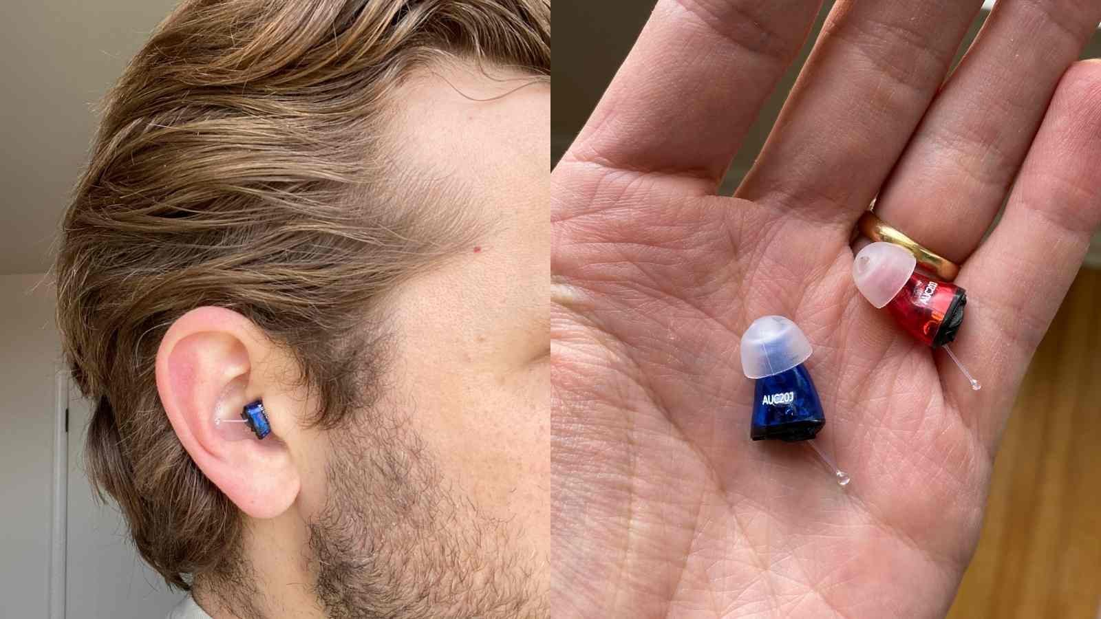 Images of Audicus Aura products in ear and in hand