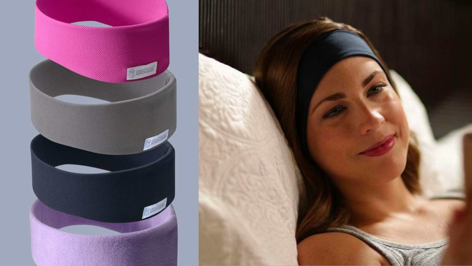 Image of various colors of sleepphones and sleepphones on a woman's head